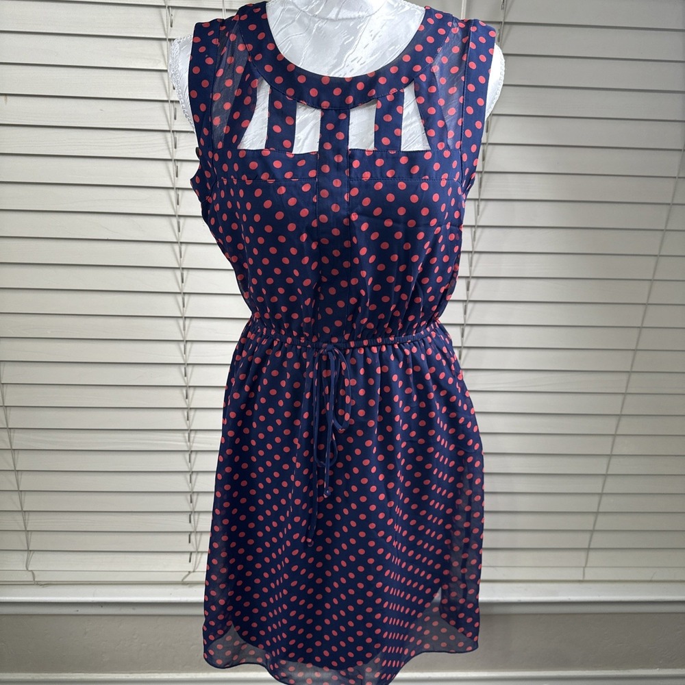 Enfocus Petite Dress Women's 4P Sleeveless Cutout Neck Navy Blue Red Polka Dot